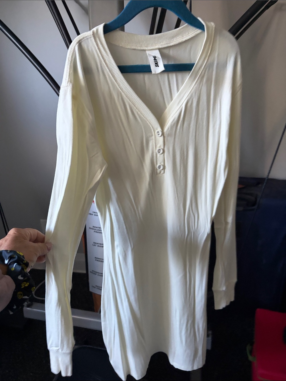 SKIMS Long Sleeve Cream Button-Front Henley Dress